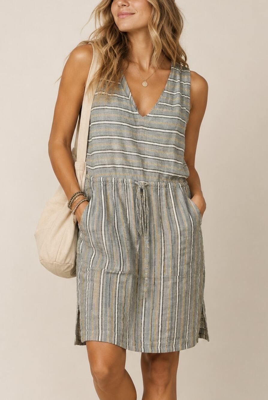 PrAna Stellar Stripe Ecotropics Cotton Dress Womens S Green Granola Sustainable